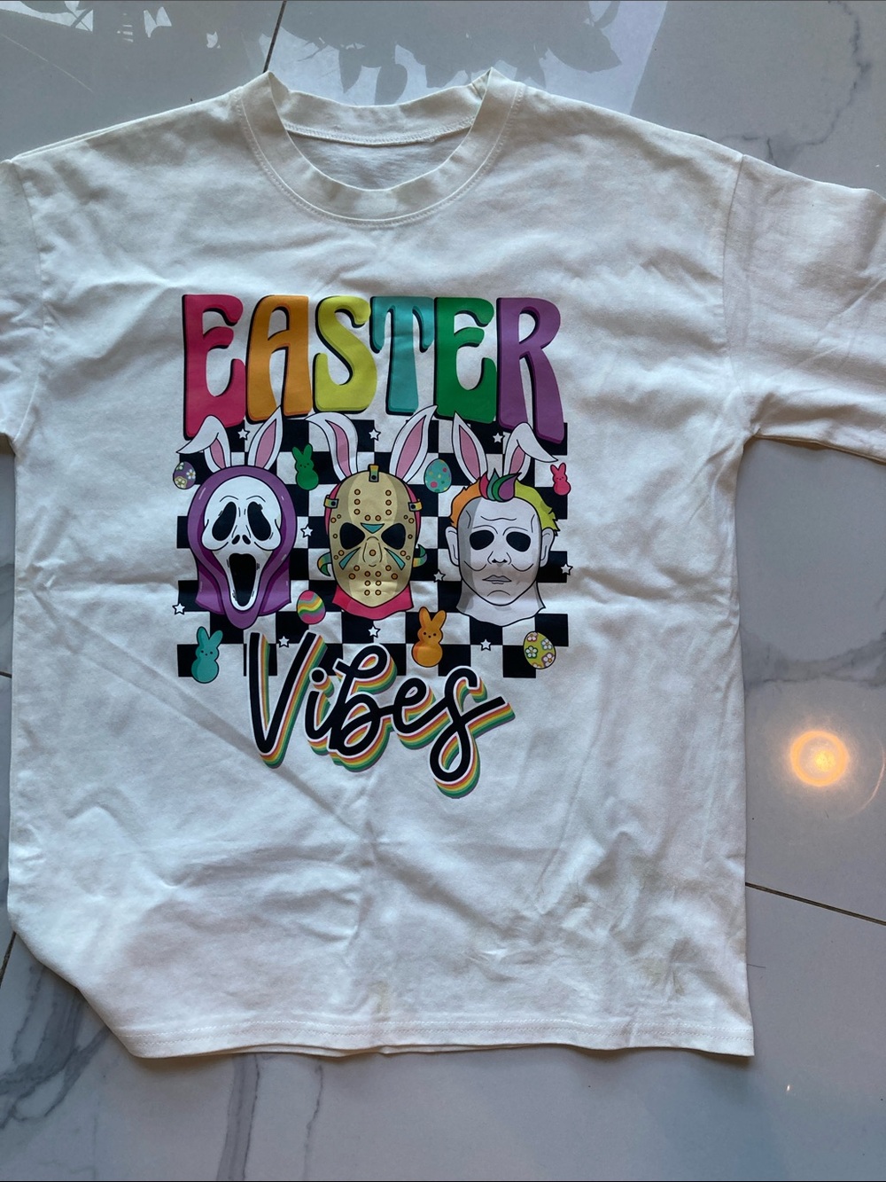 Gildan White 'Easter Vibes' Graphic Tee with Rainbow Horror Masks